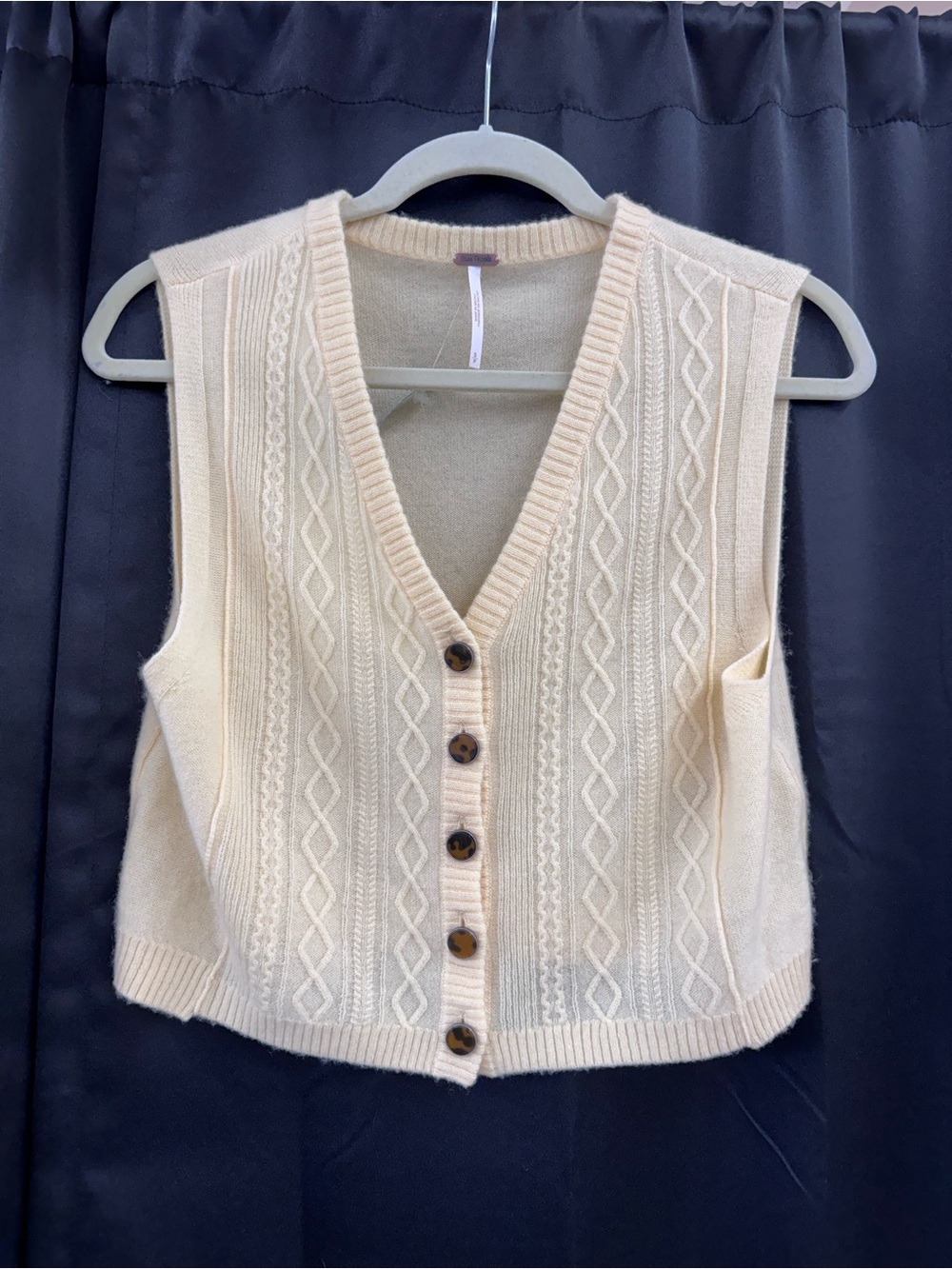 Free People pale yellow Cable Knit V-Neck Button Front Sweater Vest